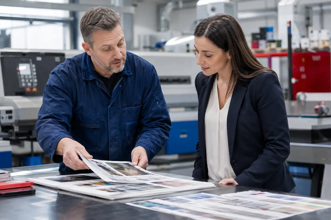 Escena ilustrativa de asesoramiento técnico y revisión de muestras impresas con un cliente