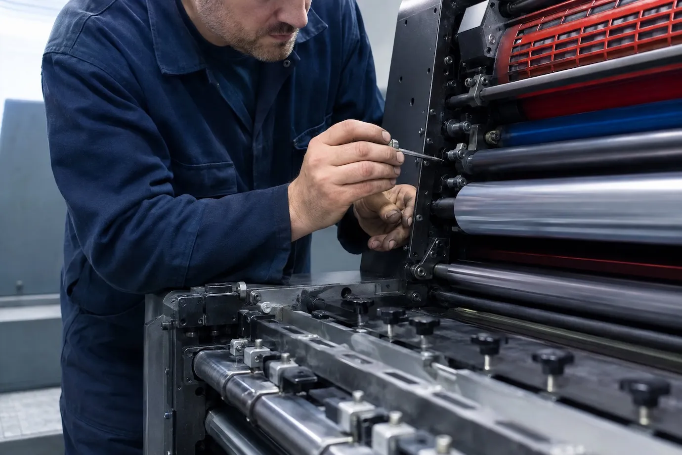 Escena ilustrativa de mantenimiento técnico de una máquina de impresión offset