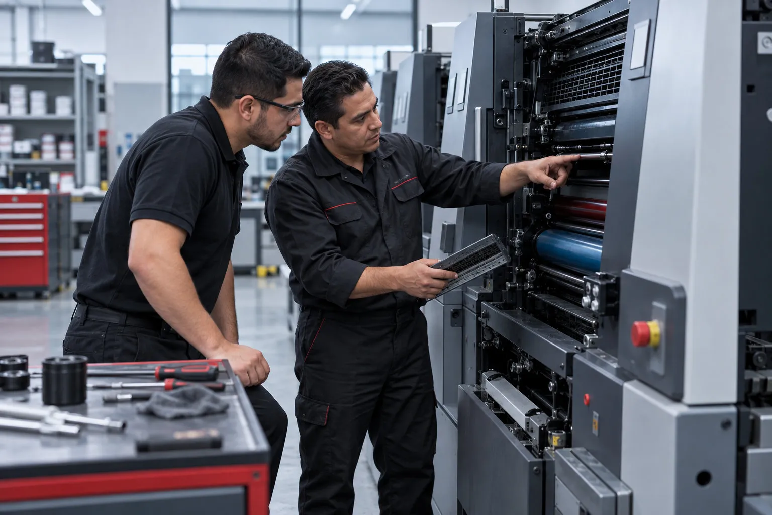 Escena ilustrativa de capacitación y mantenimiento de un equipo de impresión
