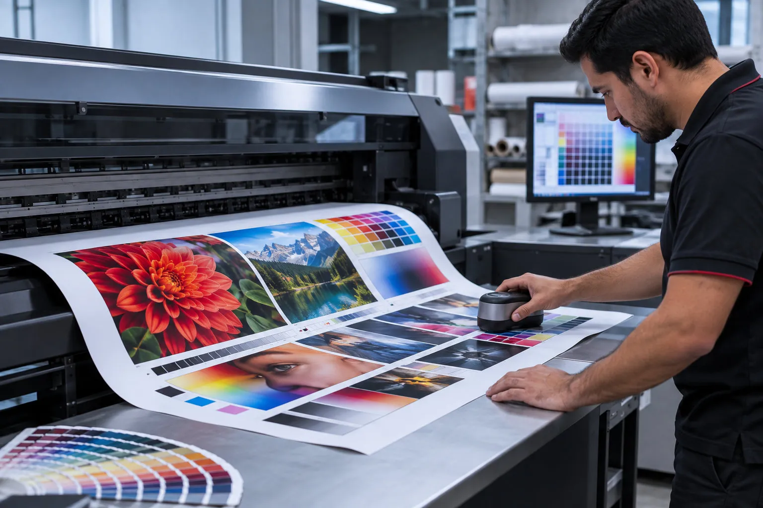 Imagen ilustrativa de pruebas impresas y un instrumento para medir el color