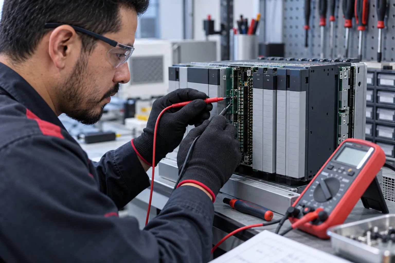Escena ilustrativa de revisión de un PLC en una mesa de trabajo electrónica