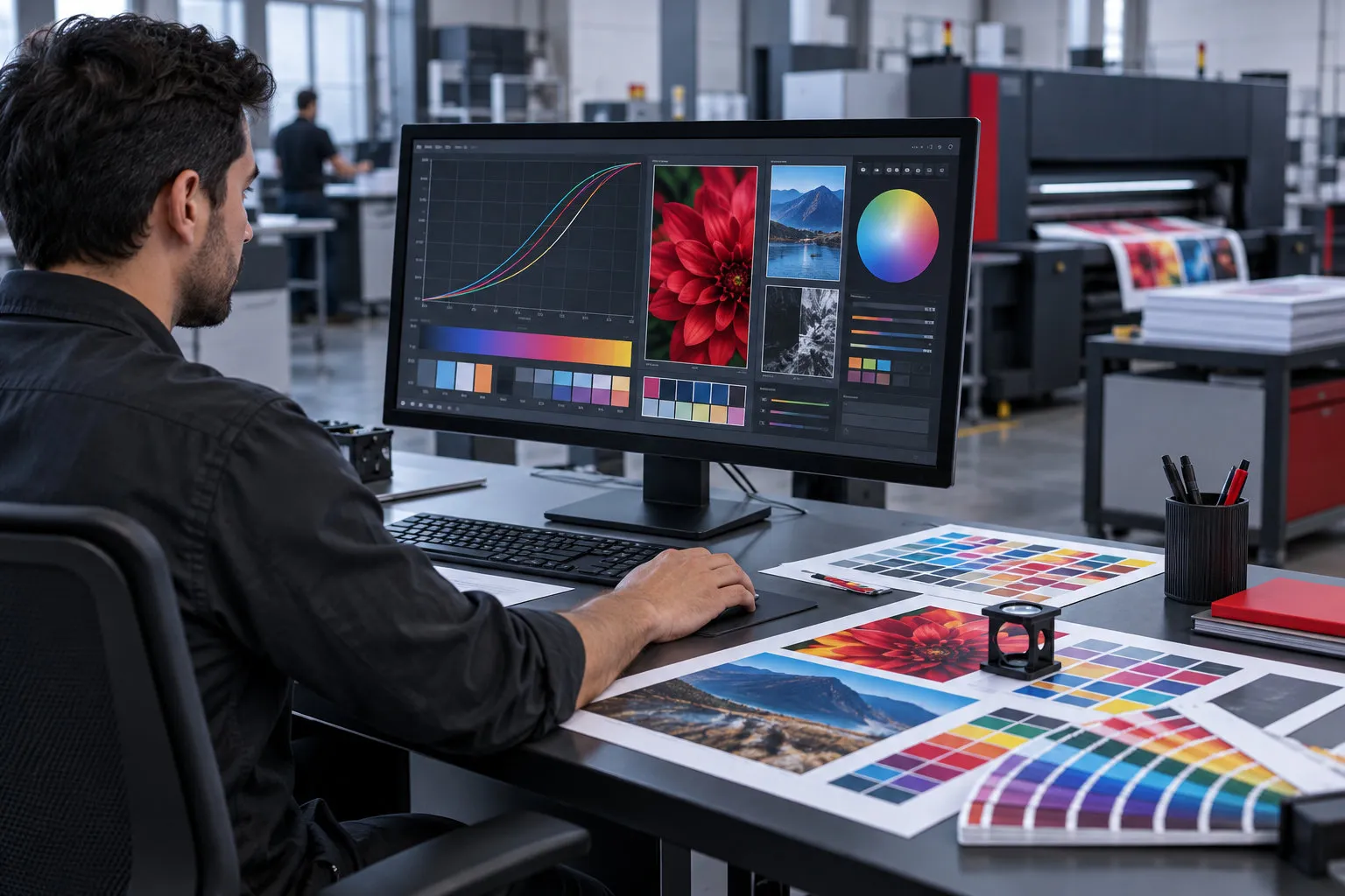 Estación de trabajo ilustrativa para software y administración de color
