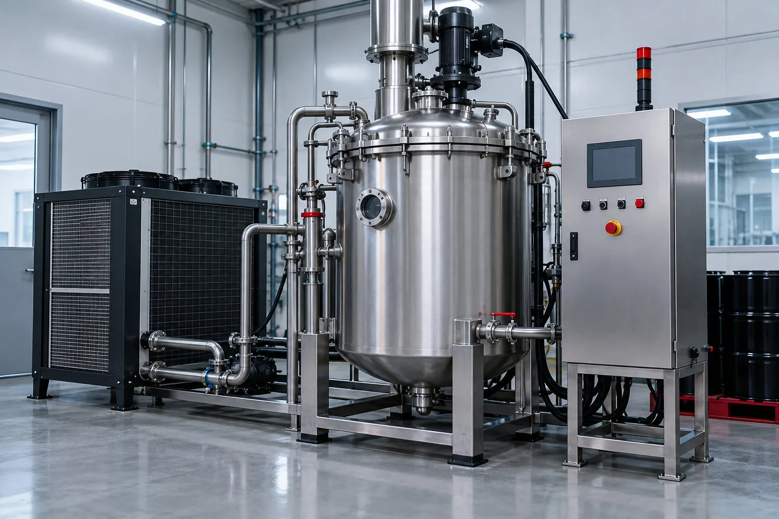 Imagen ilustrativa de una destiladora industrial de solvente con depósito cerrado